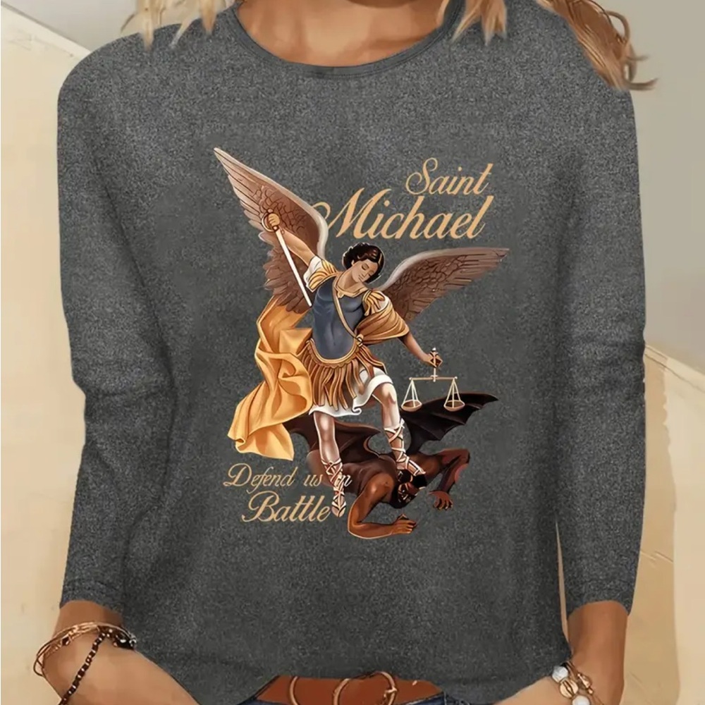 Saint Michael Defend us in Battle gray long sleeves graphic tee women XL or XXL